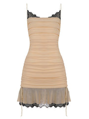 Cyflymder Elegant Contast Lace Trim Slip Dress Summer New Sexy V Neck Sleeveless Slim Drawstring Ruched Bodycon Mini Dress for Women