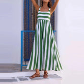 Cyflymder Summer Hollow Out Pleated Vacation Maxi Dress Leisure High Waist Sleeveless Party Dress Fashion Stripe Print Halter Beach Dress