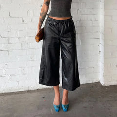 Cyflymder Women's Black Faux Leather Wide Leg Culotte Pants Low Waisted With Drawstring Punk Loose Fit Autumn Winter Streetwear Style Chic