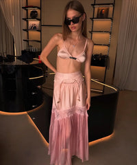 Cyflymder Elegant Women Pink Skirt Summer Lightweight Lace Splicing A-line Skirts Lady High Waist Slim Party Beach Vacation Skirts