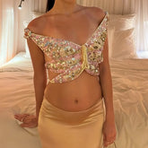 Cyflymder Women Y2k Crochet Knitted Sequin Butterfly Crop Tops Off Shoulder Halter Deep V Neck Tie Front Backless Lace Up Tank Tops
