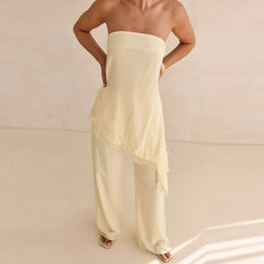 Cyflymder Women 2 Piece Pants Lace Trim Asymmetrical Strapless Tank Top Pants Elegant Lady Going Out Matching Lounge Set