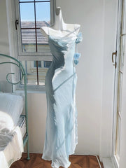 Cyflymder prom dresses Elegant Ice Blue Spaghetti Strap Slim Women's Dress Rose Decoration Pleated Boat Neck Irregular Eage Birthday Party Gown