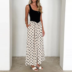 Cyflymder Polka Dot Print Patchwork Vest Dress Fashion U-neck Sleeveless Loose Long Dress Women'e Elegant Draped Pocket Party Dress