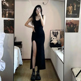 Cyflymder Sexy Sleeveless Strap Dress Women Black Slim Fit Side Slit Irregular Maxi Dress Summer Fall Korean Simple Elastic Dresses