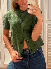 Cyflymder Woman's Knitted Cardigan Round Neck Short Sleeve Single-breasted Solid Color Cropped Outerwear Sweater Jacket Simple Top