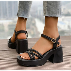 Cyflymder Thick Heel Sandals for Women Shoes Summer Outside 2025 New Ankle Buckle Waterproof Platform Cross Strap High Heels Black White