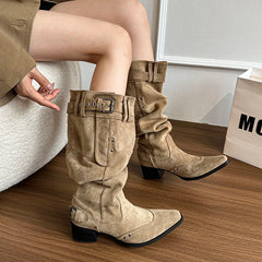 Cyflymder Autumn Winter Pleated Women Western Cowboy Boots Vintage Square Low Heels Shoes Female Belt Buckle Long Booties