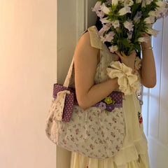 Cyflymder Y2k Aesthetic Chic Flower Print Shoulder Bags Women Contrast Color Sweet Kawaii Dot Underarm Bag Fashion Cute Purse and Handbags