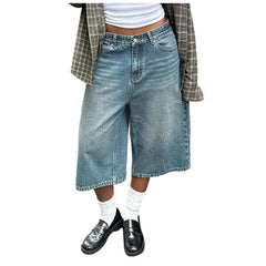 Cyflymder Vintage Y2k Women Jeans Summer High Waist Distressed Capris Pants Boyfriend Harajuku Baggy Straight Wide Leg Pants With Pockets