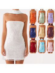 Cyflymder Women s Summer Floral Embroidered Bandeau Dress with Off Shoulder Design and Matching Scarf for a Stylish Look