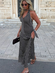 Cyflymder Polka Dot Halter Backless Long Dress Women Off Shoulder V-neck Scarf Sexy Sleeveless Dresses 2025 Summer Street Holiday Robe