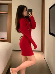 Cyflymder Red Chinese New Year Knitted Hoodie Dress Women Slim Bodycon Short Mini Dress
