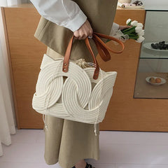 Cyflymder Fashion Ring Woven Hollow Bucket Bag Women Creative Unique Large Capacity Tote Bag Ladies Daily Casual Vacation Shoulder Bag New