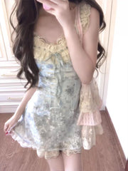 Cyflymder Coquette Sweet Lace Oil Painting Floral Print Bow Camisole Dress Women Ruched Waist Slim Fit A Line Mini Dress Elegant Outfit