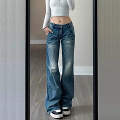 Cyflymder Vintage Straight-Leg Jeans Women 2025 New Y2K Low Waist Pocket Loose Denim Pants Woman Korean Fashion Slimming Wide Leg Trousers