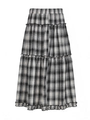 Cyflymder Women's Harajuku Style Plaid Skirt - Y2K Vintage Low Rise Chicly Long Skirt Ruched Patchwork Detail Slim Fashion Loose Fit Skirt