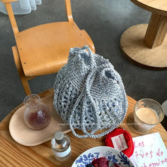 Cyflymder Hollow Silver Bucket Bag Tote Metal Texture Woven Shoulder Bags for Women Handmade Crochet Knitting Handbag Shopper Tote Hobos