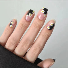 Cyflymder 24Pcs Simple French Flower Stick on Fake Nails Short Ballet Nail Art Set Spring Finished Fashion Manicure Acrylic Press-on Nails