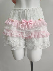Cyflymder Cute Shorts Women Summer Bow Decoration Pink Lace Patchwork Elastic Waist Lolita Multilayer Bottoming Shorts for Sweet Girls