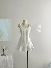 Cyflymder French Sweet Lace Spliced Tie up Pleated Slip Dress Summer New Korean Chic Sleeveless Waist Slimming Short White Dress for Women