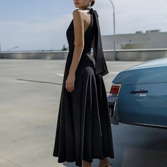 Cyflymder Sexy Solid High Waist Long Dress Women Elegant Halter Lace-up Bow Party Dresses Summer Sleeveless Backless Boho Dress
