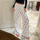 Cyflymder Women's Casual Cartoon Print Elastics Knitted Pants Fashion Straight Leg Full Length Loose Trousers Homewear Bottoms New Summer