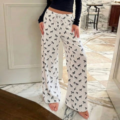 Cyflymder Women's Casual Cartoon Print Elastics Knitted Pants Fashion Straight Leg Full Length Loose Trousers Homewear Bottoms New Summer