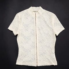 Cyflymder Women Fashion Lace 2 Piece Set Sexy Hollow Single Breasted Stand Collar Short Sleeve Slim Tops + Drawstring Ruched Mini Skirts