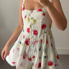 Cyflymder Women's Y2K Summer Mini Cami Dress Sleeveless Vacation Low Cut Button Up Flower Print Beach Dress