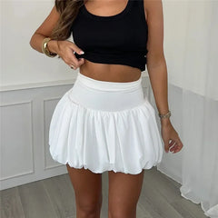 Cyflymder Women Y2k Bubble Skirt High Elastic Waist Ruffle Flared Mini Skirts Pleated Balloon Puffy Short Skirts Party Clubwear