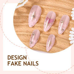 Cyflymder 24pcs White Sumdging French Style Fake Nails Y2k Gold Star Exquisite Pink Love Heart Press On Nails Glossy Almond False Nail