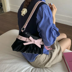 Cyflymder Korean Hot Girl Bow Studded Handbag Women Simple Design Sweet Shoulder Bag Ladies Elegant Fashion Underarm Purse Y2k Aesthetic
