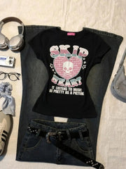 Cyflymder gothic T-shirt Y2k Skull print 2000s Crop Top Sexy Himekaji Woman Clothes High Street Streetwear Vintage Punk Chic Harajuku Tees