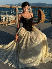 Cyflymder Patchwork Jacquard Split Dress Women Bow Lace-Up Mesh Low Chest Fairycore Birthday Beach Vocation Skinny Long Bodycon