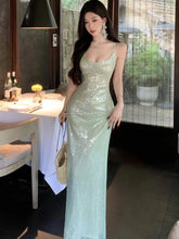 Cyflymder Sexy Green Spaghetti Strap Evening Dresses Elegant Backless Sleeveless Slim Party Prom Casual Vestidos Long Robe Female Clothing