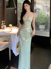Cyflymder Sexy Green Spaghetti Strap Evening Dresses Elegant Backless Sleeveless Slim Party Prom Casual Vestidos Long Robe Female Clothing