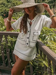 Cyflymder Elegant Knitted Cardigan Coat Women Fashion Single-Breasted Pockets Short Sleeve Crop Sweater 2025 New Summer Casual Slim Tops