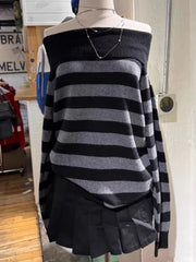 Cyflymder Slash Neck Striped Sweaters for Woman Spring Black Grey Long Sleeve Knitted Pullover Top Casual Vintage Preppy Style Jumper