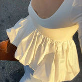 Cyflymder Women's Elegant Bubble Bud Shirts Tops Backless Frill Hem Square Neck Long Sleeve Crop Tops for Daily Work Office Fashion Tees