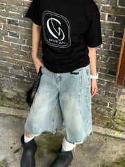 Cyflymder Women's Summer Vintage Fringed Denim Cropped Pants Cool Girl Male Wide Leg Knee Length Shorts Fashion Denim Trouser Pants