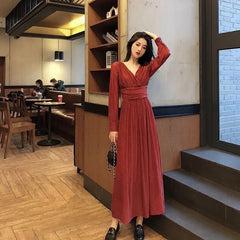 Cyflymder Autumn Long Sleeved Dress for Women Spring Korean Trendy Slim Fit Slim Shiny V-neck Waist Cinched Light Mature Style Sexy Dress