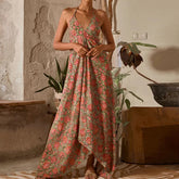 Cyflymder Fashion Hollow Out Backless Party Dress Bohemian Sleeveless Suspender Sexy Dress Vintage Floral Print Halter Women's Long Dress