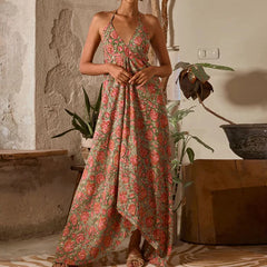 Cyflymder Fashion Hollow Out Backless Party Dress Bohemian Sleeveless Suspender Sexy Dress Vintage Floral Print Halter Women's Long Dress