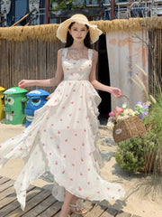 Cyflymder Print Floral Sweet Irregular Fairy Dress Sleeveless Backless Ruffles Slip Dress Vintage Casual Sundress Holiday Beach Long Dress