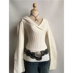 Cyflymder Women Y2K Vintage Hooded V Neck Ribbed Knit Sweater White Flare Long Sleeve Slim Fit Retro Casual Top