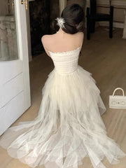 Cyflymder Women Dresses Sexy Irregular Mesh Patchwork Strapless Slim Ruffles Patchwork Backless Sweet Elegant Dress Party Female