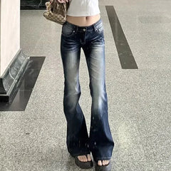 Cyflymder Women Fashion Washed Denim Flares Pants Korean Style Low-Waist Slimming Wide Leg Jeans Female Streetwear Sexy Slim Y2K Trousers