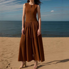 Cyflymder Fashion Brown New Sleeveless Crew Neck Front Zipper High Waist Cascade Dress