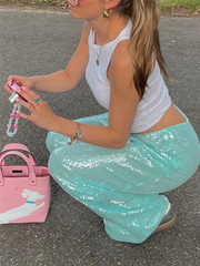 Cyflymder Loose Solid Color Sequin Pants Woman Cinched Waist Glitter Straight Baggy Long Pants Casual Street Chic Sparkle Women's Trousers